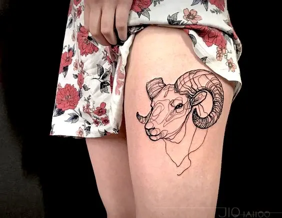 A Ram tattoo on the thigh by @blkserum