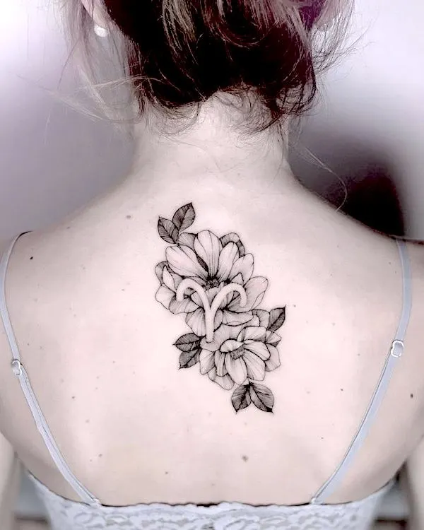 Aries floral back tattoo by @medusenoire_tattoo