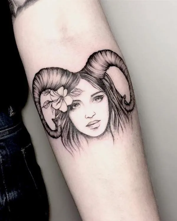 Ram girl portrait tattoo by @sookiesalegossetattoo