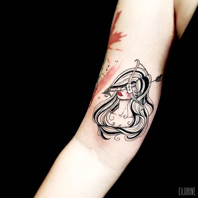 An archery girl tattoo for the mystic Sagittarius by @cajurine