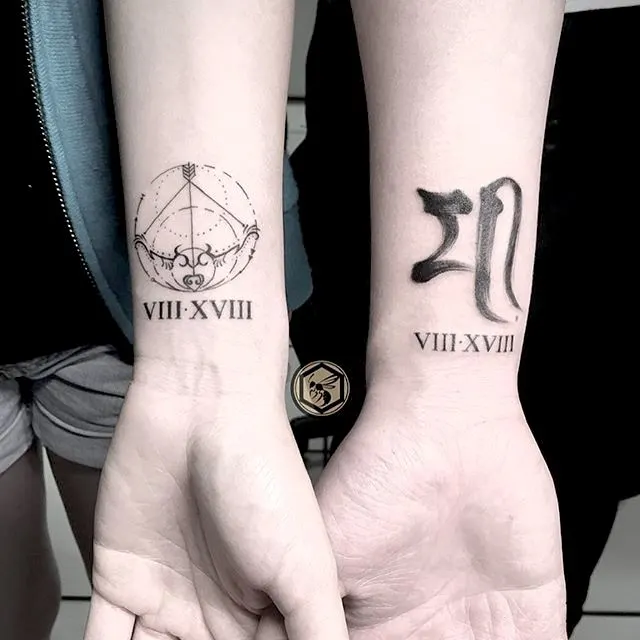 Sagittarius and Capricorn couple wrist tattoos by @themanyao