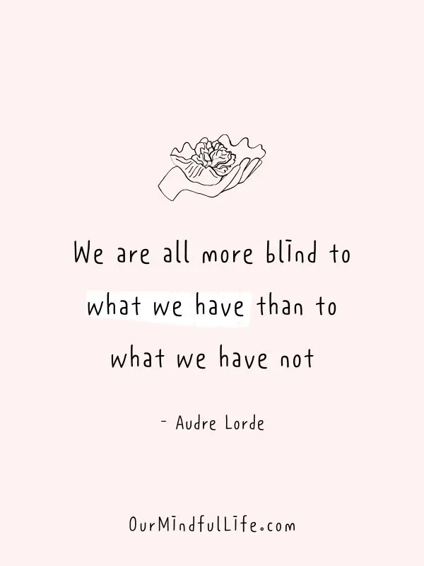 We are all more blind to what we have than to what we have not. - Audre Lorde- Inspiring Gratitude Quotes To Appreciate The Little Things