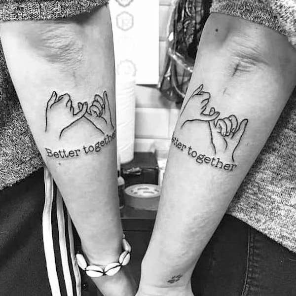 Fine line matching pinky promise tattoo for couple.