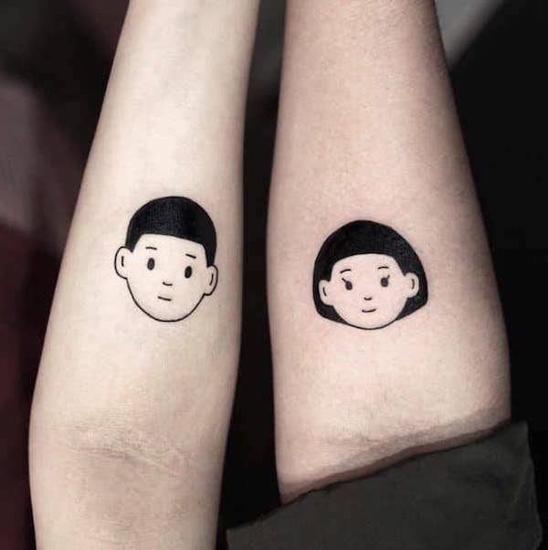 Boy and girl matching tattoos for teenage lovers by @viola_forestink