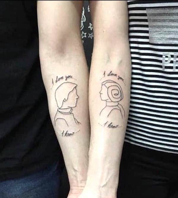 Matching Star Wars tattoos for couples by @stefanitattoo
