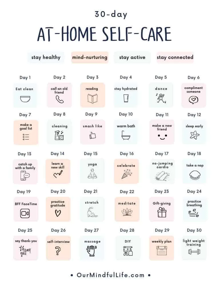 30-Day At-Home Self-Care Challenge (+ Free Printable Calendar ) - Our Mindful Life
