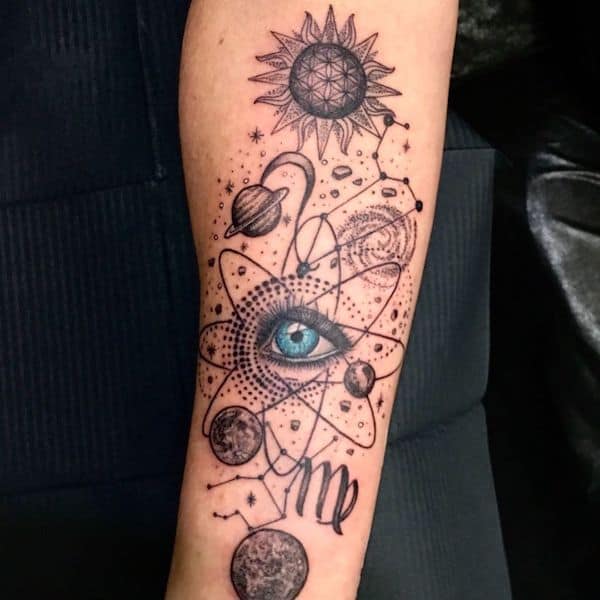 A bold third-eye arm tattoo by @ray.tattooer - Bold tattoos for Virgo men 
