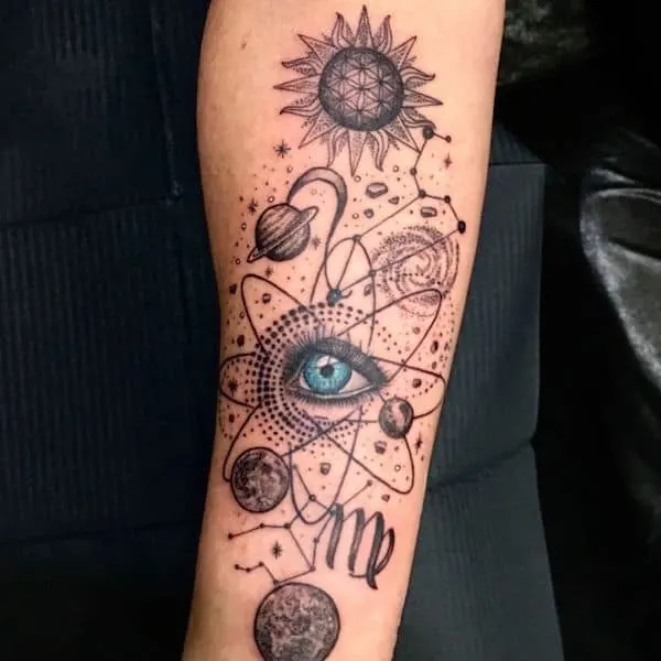 A bold third-eye arm tattoo by @ray.tattooer - Bold tattoos for Virgo men