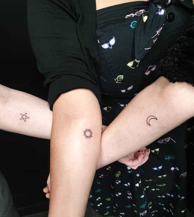 Astrology best friend tattoos for 3 by @ohlolatattoo