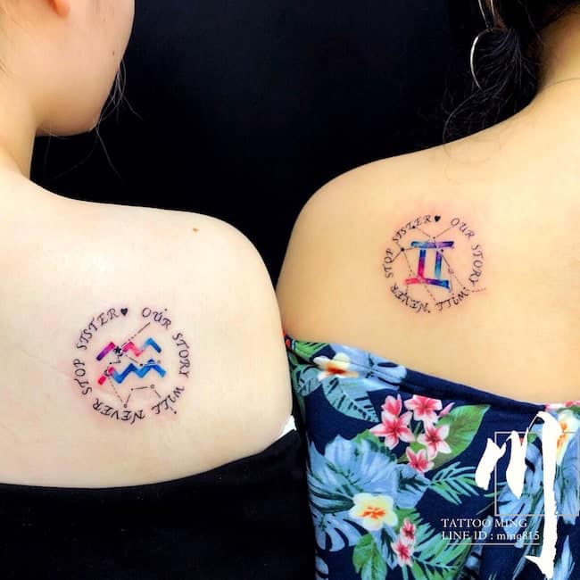 Matching colored zodiac sign tattoos with a hearty quote by @tattooming1