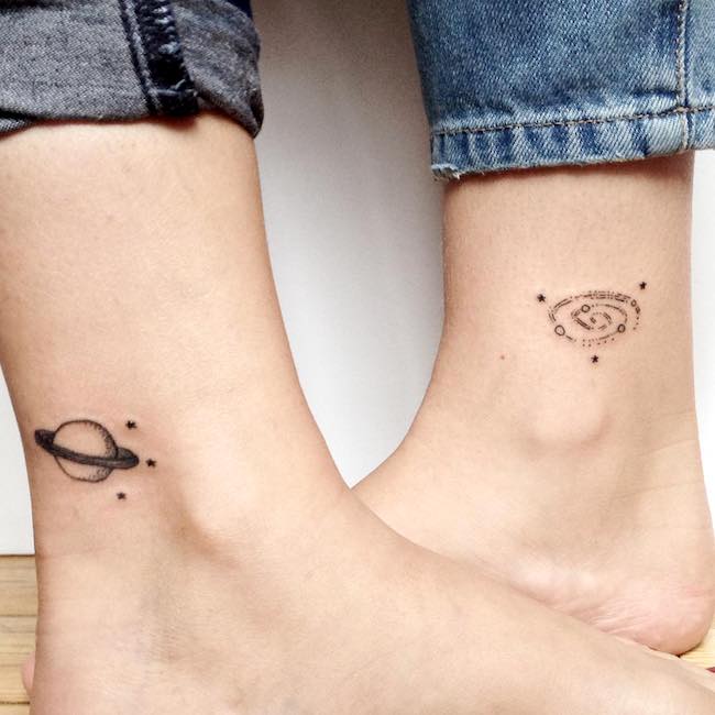 Space themed ankle tattoos for besties by @negaleah