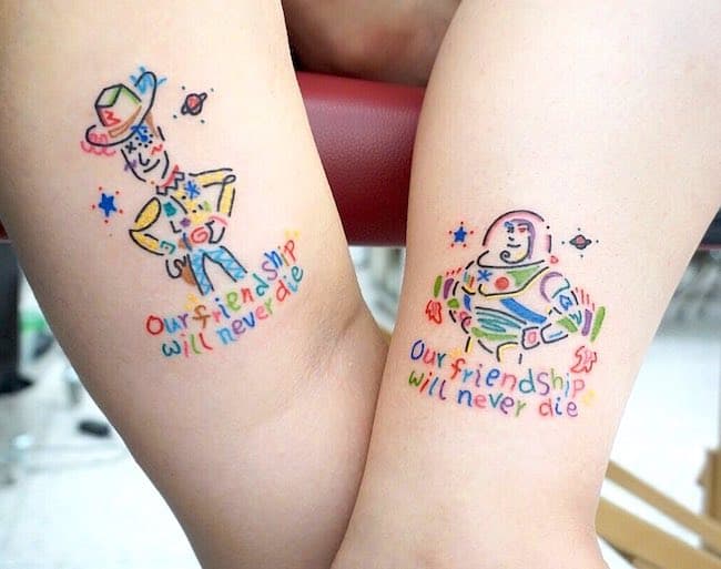 Woody and Buzz best friend tattoos by @channe_village
