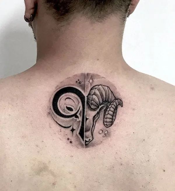 Half-glyph-half-ram neck tattoo by  @campa_tattoo