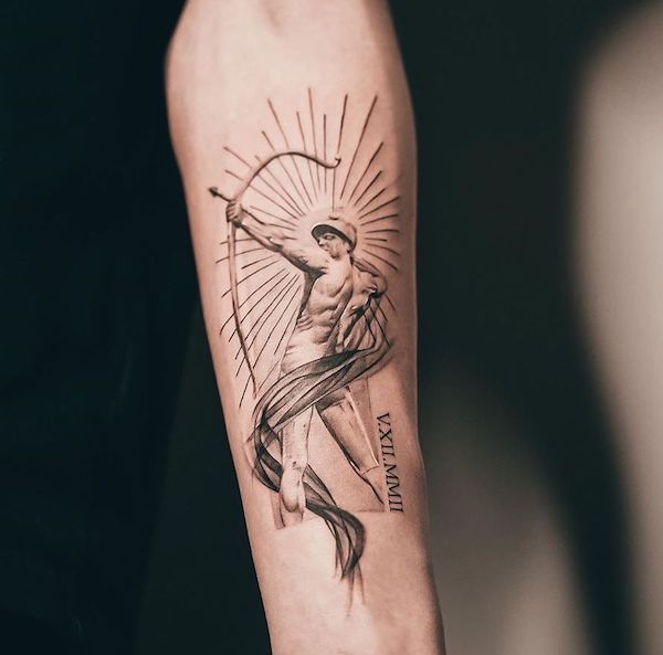 An Apollo archer arm tattoo by @ess.ay - Creative Sagittarius zodiac tattoo ideas