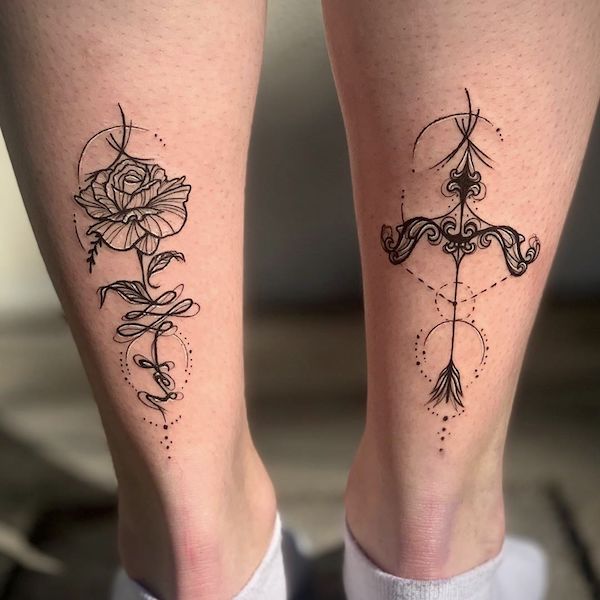 Unalome and arrow matching tattoos by @fuuu_tatt_skin - Creative Sagittarius zodiac tattoo ideas