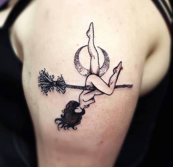 Dancing on the broomstick sleeve tattoo by @glitter_and_gore_bodyart- Witch tattoos and meanings