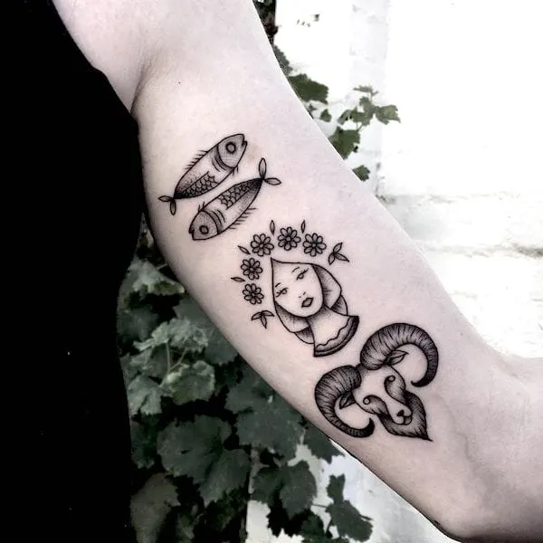 A Pisces Virgo Aries tattoo by @highwaterstattoo - Unique tattoo ideas for Virgo women