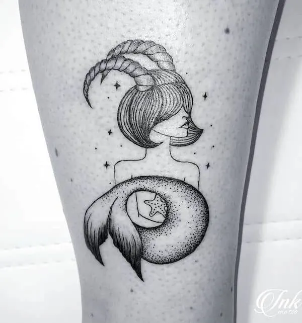 A mysterious and whimsical Capricorn leg tattoo by @ink.me.too
