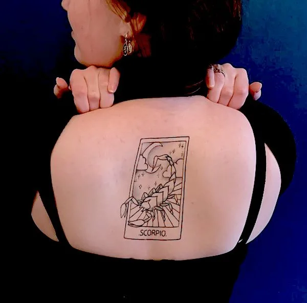 A creative tarot tattoo by @izzy.blitzz - Scorpio tattoos for women that are pure dark aesthetics