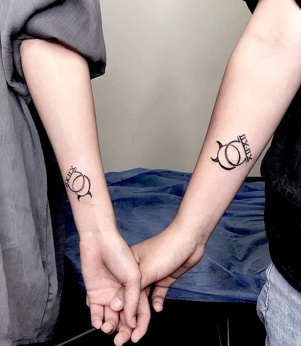 Matching couple tattoo for Libra and Taurus by @jason_liu - Libra symbol and constellation tattoos