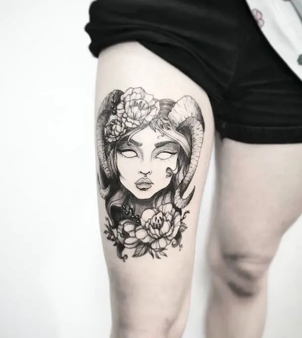 An intricate thigh tattoo for Capricorn witches by @justink_ed