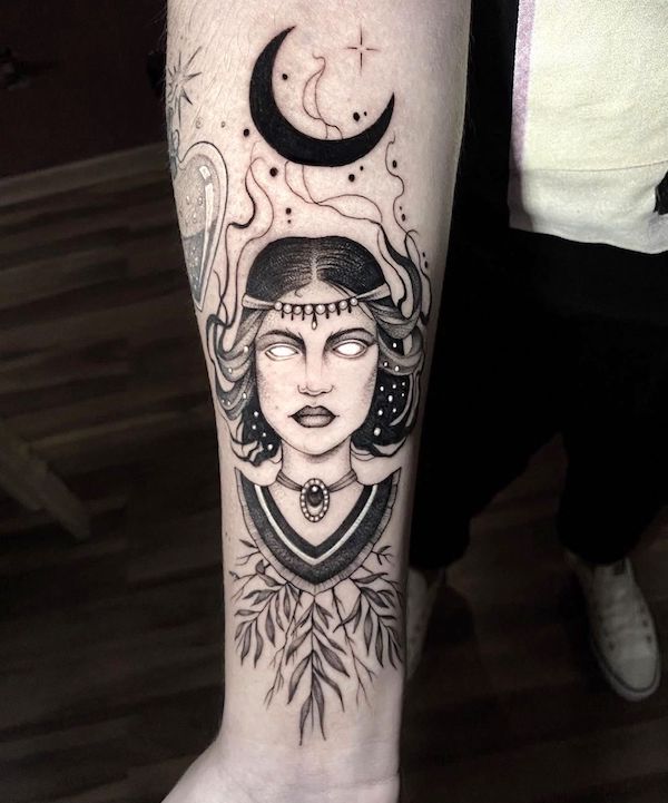 The knight of the night - a stunning fantasy forearm tattoo by @kamilla.arte- Witch tattoos and meanings