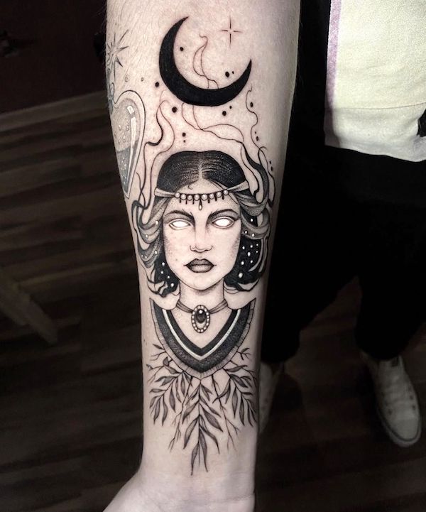 Blackwork Witch Themed Tattoo  TATTOOGOTO