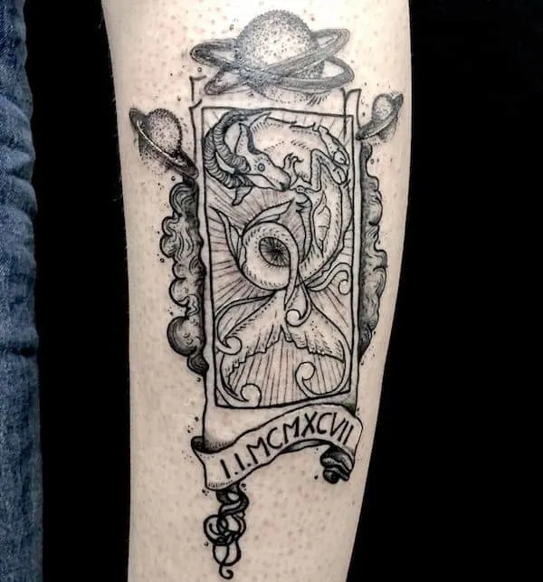 A stunning tarot tattoo with depths and details by @la_tannerie