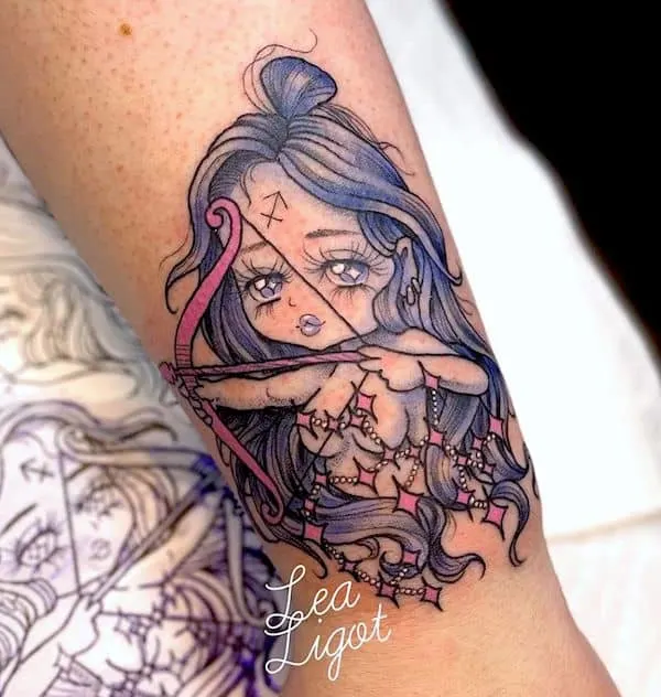 A cute Archer tattoo for girls by @lealigot - Creative Sagittarius zodiac tattoo ideas