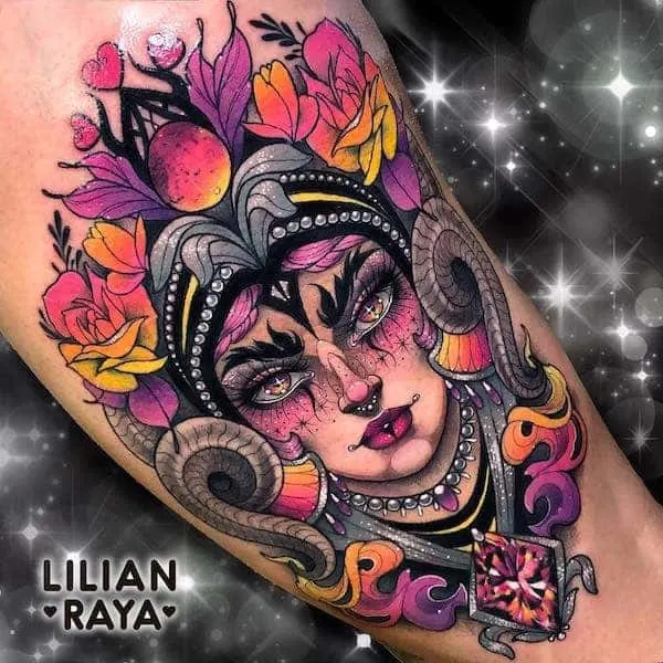A fantasy tattoo for Aries girls by @lilianraya - Unique Ram tattoos for Aries