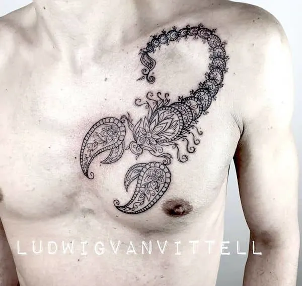 A scorpio mandala chest tattoo from @ludwigvanvittell- Stunning Scorpio tattoos for men