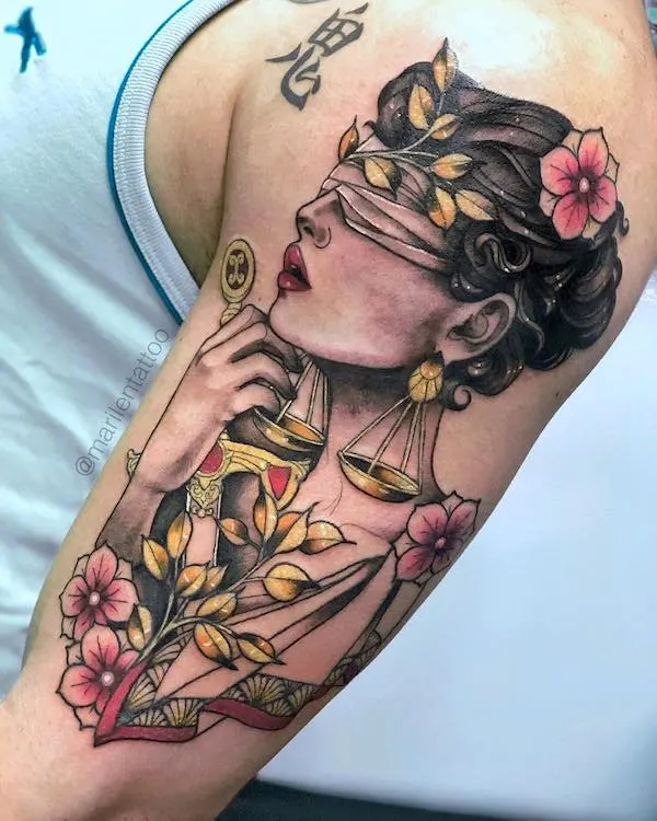The goddess of Justice by @marilentattoo - Bold Libra tattoo ideas for men