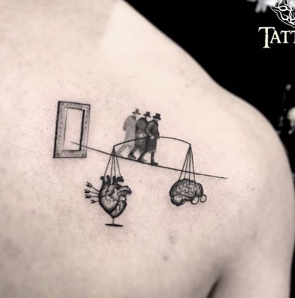Tightrope walking by @niel_filho_tattoo - Bold Libra tattoo ideas for men