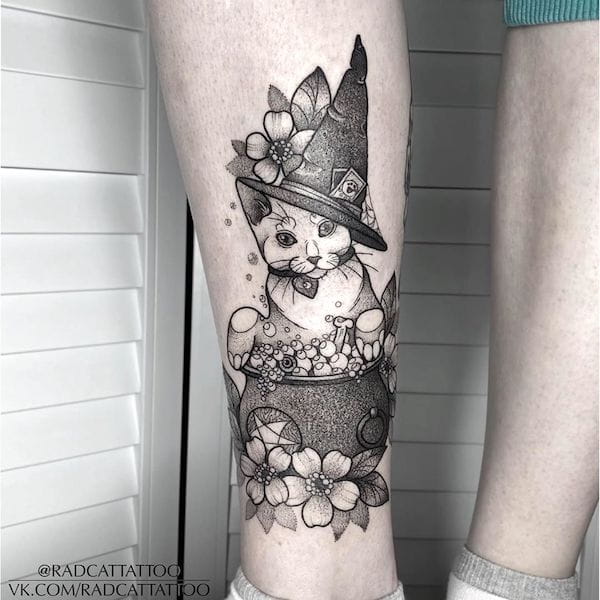 The witch cat - a cute approach to witchy tattoos by @radcattattoo- Witch tattoos and meanings