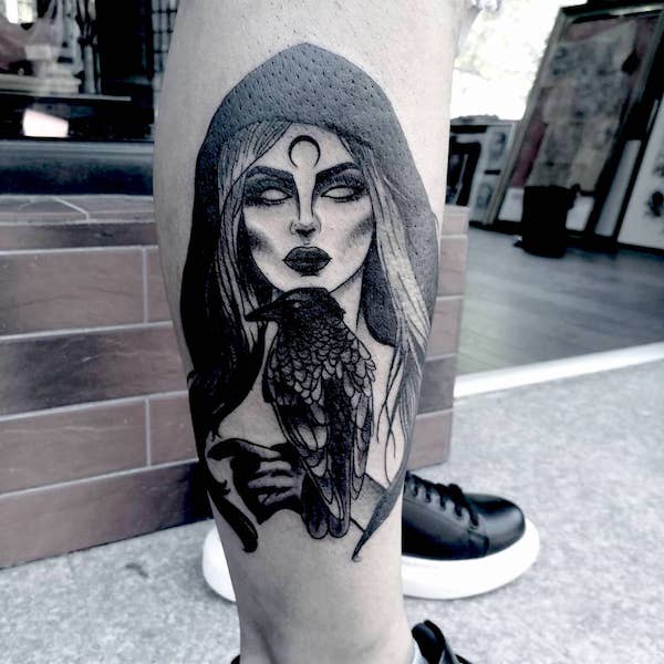 Witch and crow calf tattoo - Witch tattoos and meanings