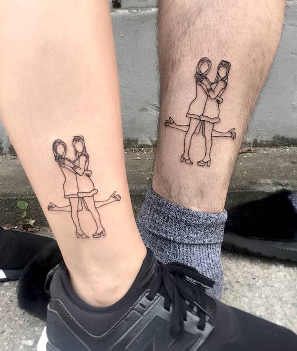 Cute sisters portrait calf tattoos by @naleak_tattoo - Meaningful tattoos for sisters