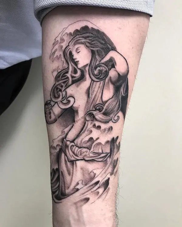 Goddess of the sea - an intricate forearm tattoo by @ronangibney