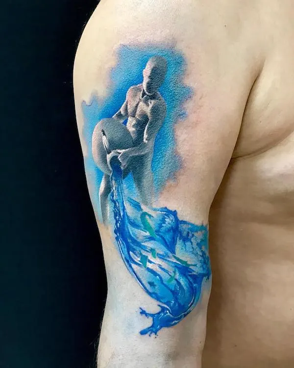 A realistic Water Bearer sleeve tattoo for Aquarius men by @zbyszkoniemirowski