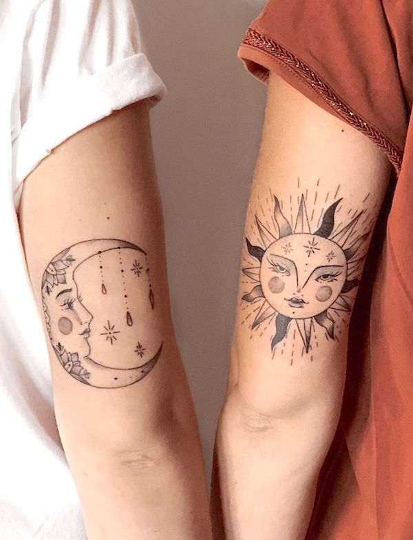 Intricate sun and moon arm tattoos by @marionfernandes- Stunning unisex matching tattoos for siblings