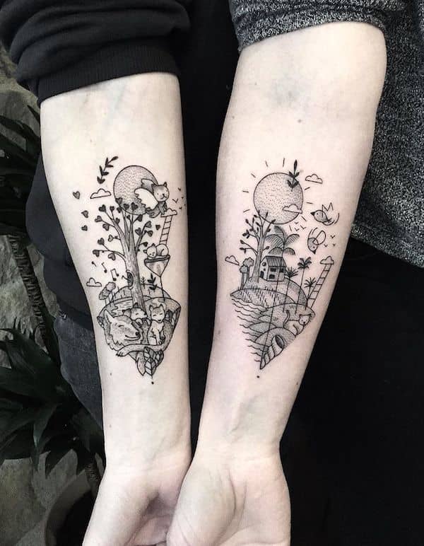 Matching fantasy landscape tattoos for by @mast_cora- Bold and creative tattoos for brothers