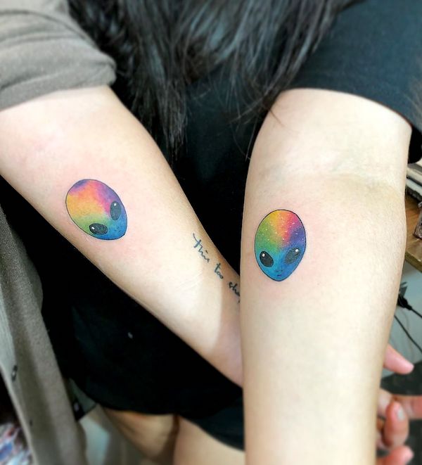 Rainbow color alien tattoos for weirdos by @whiplashtattoo- Stunning unisex matching tattoos for siblings