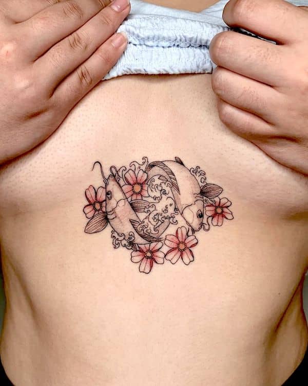 Pisces and birth flower water lily chest tattoo by @pinzy.bespoke.tattoos - Pisces symbol and constellation tattoos