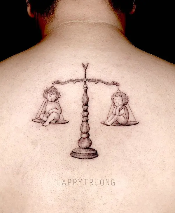 Libra and Gemini - a blackwork nape tattoo by @happytruongtattoo - Bold Libra tattoo ideas for men