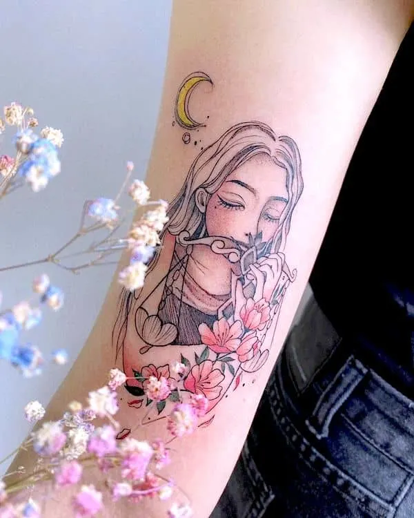 Scale and flower - a beautiful arm tattoo for Libra girls- Unique zodiac tattoos for Libra women