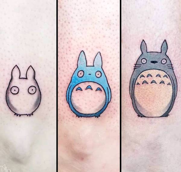 Totoro family tattoos for 3 siblings by @theartofamberramirez