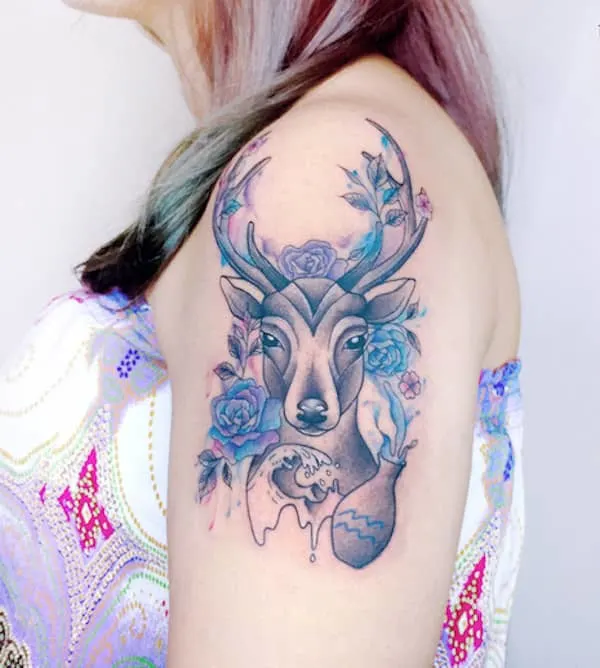 A Water-bearer deer tattoo on the sleeve by @bel_tattoo