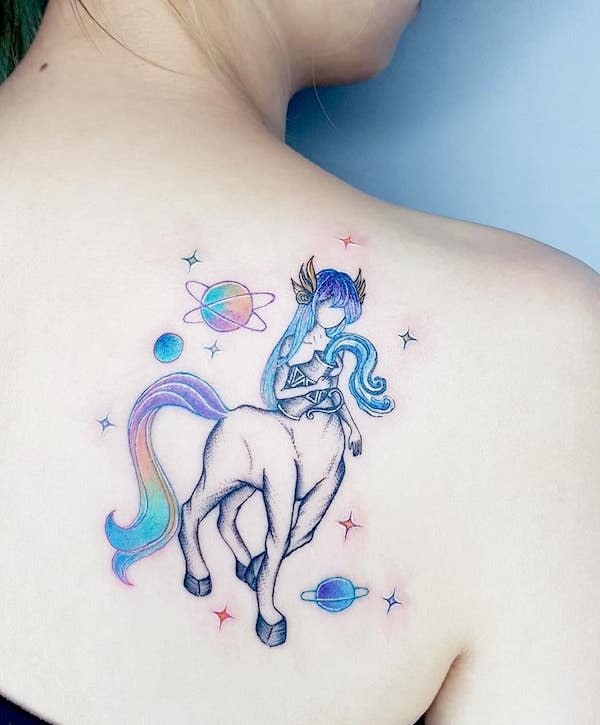 The Aquarius centaur shoulder blade tattoo by @bellezatattoo_irisyang