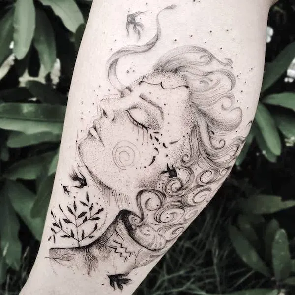 A gorgeous and mysterious Aquarian tattoo for women by @flaremixstudio