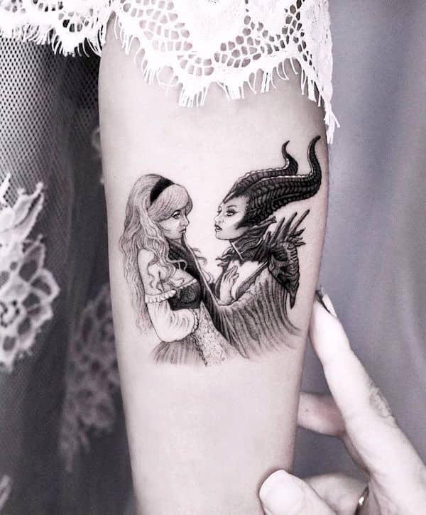 An intricate Maleficent and Aurora tattoo by @edit_paints