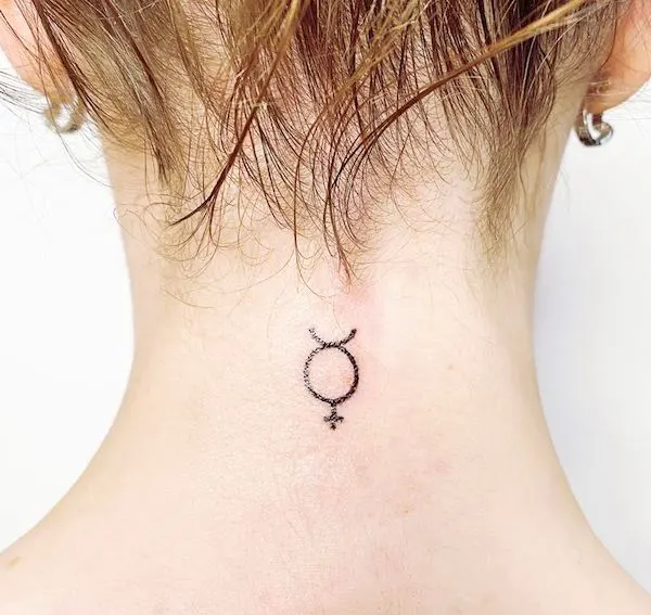 A sleek Mercury glyph neck tattoo by @besarmate_ink -Virgo sign symbol and constellation tattoos